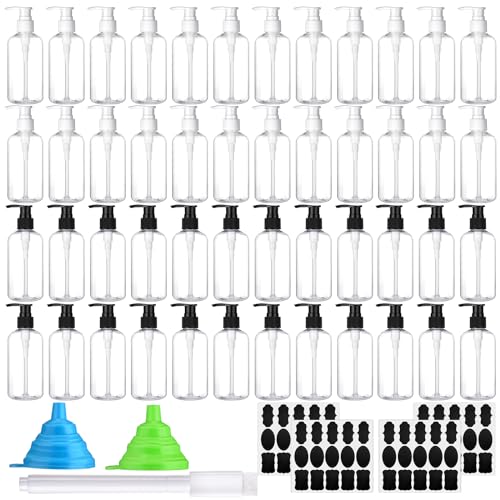 Hoemwarm 48 Pcs Empty Pump Bottle Lotion Bottle, 8oz Plastic Round Bottles Containers Hand Soap Dispenser Refillable Bottles with Funnels for Shampoo Body Wash Cosmetic Kitchen Bathroom(Clear)