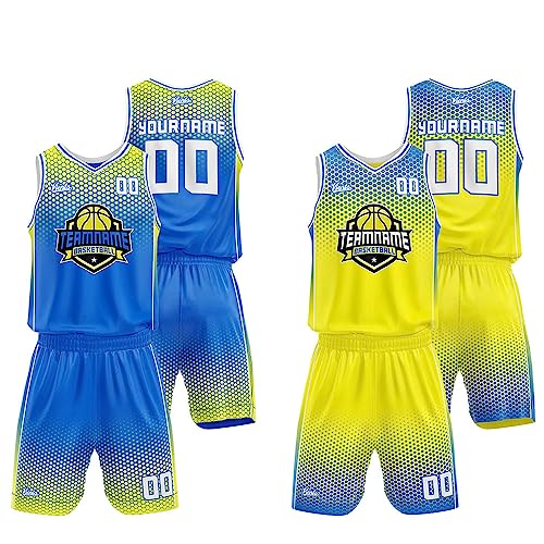 Custom Reversible Basketball Jersey for man women uniform Suit Kids Adults Personalized Jersey (Blue-Yellow)