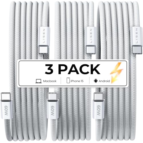 LISEN USB C to USB C Cable for Safe Certified 60W 3-Pack 6.6ft USBC to USBC Cable Type C Fast Charging Charger Cable Cord for iPhone 15 Pro Max Plus Samsung S23 Note 20 iPad Pro Air Mini MacBook Air