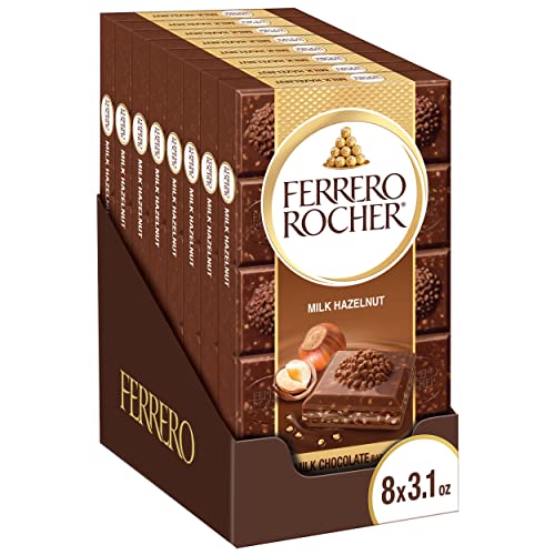 Ferrero Rocher Premium Chocolate Bars, 8 Pack, Milk Chocolate Hazelnut, Luxury Chocolate, Individually Wrapped, 3.1 Oz Each