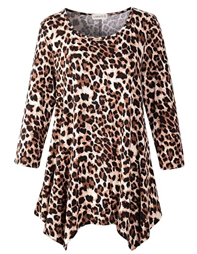 LARACE Leopard Print Tops for Women Tunics Plus Size 3/4 Sleeve Tee Shirts Loose Fit Clothing for Leggings(4X, A-Leopard08)
