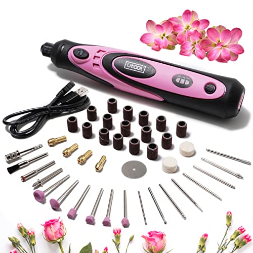 UtooL Cordless Rotary Tool Kit 4V with 42 Accessories, USB Charging Cable and 3-Speed Mini Rotary Tool for Nail Trimming, Cutting, Drilling, Etching, Sanding, Engraving, Polishing & DIY Crafts, Pink