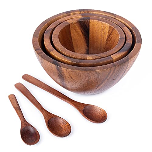 Tiny Nesting Round Wood Bowls Mix Size Stackable Acacia Wooden Bowl Set with Dia 4', 5', and 6' with 3 spoons for serving salad, fruit, dip sauce, salsa, snack, rice, pasta, cereal, Decor Nest Dish