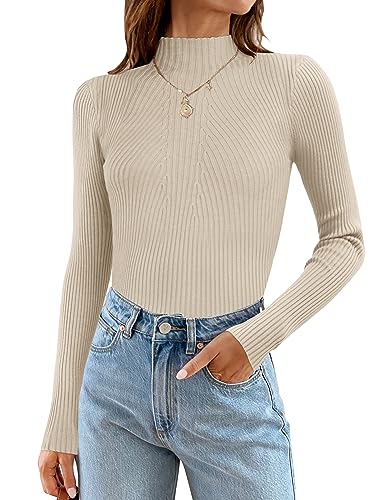 ZESICA Women's 2024 Fall Long Sleeve Turtleneck T Shirts Ribbed Knit Sweater Slim Fit Basic Casual Tee Tops,Almond,Medum