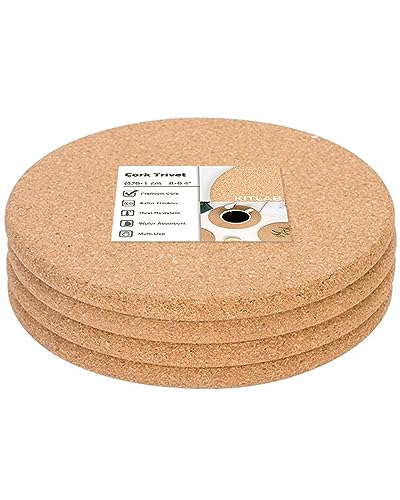 Cork Trivet, 4 Pack High Density Thick Cork Coaster Set for Hot Dishes, 8 Inch Heat Resistant Multifunctional Cork Board, Hot Pads for Table & Countertop