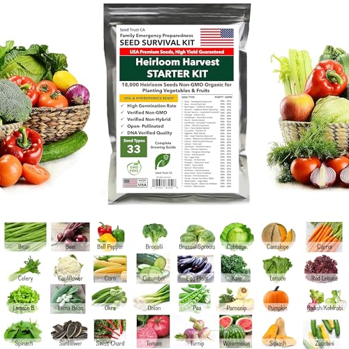 SeedTrust CA 18,000 Heirloom Seeds Non-GMO Organic for Planting Vegetables & Fruits (33 Variety Pack) - Gardening Seed Starter Kit, Survival Gear Food, Gardening Gifts, Emergency Supplies – USA