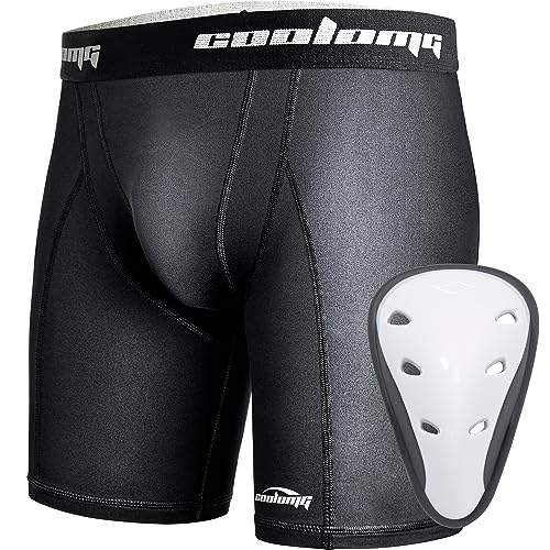 COOLOMG Youth Boys Compression Shorts with Protective Cup Sliding Underwear for Baseball Lacrosse Football Black M