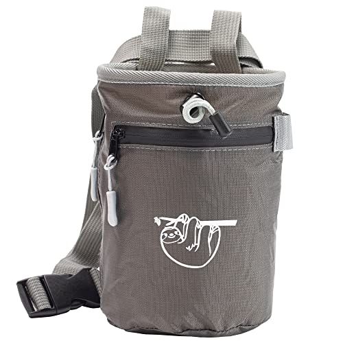 Chalk Bag for Rock Climbing, Climbing Chalk Bag for Bouldering with 2 Large Zipper Storage Pockets, Premium Gym Chalk Bag for Weightlifting, Great Gift and Rock Climbing Gear, Gray