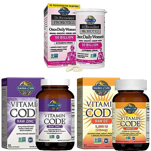 Garden of Life Once Daily Dr. Formulated Probiotics, 30 Capsules & Zinc Supplements 30mg High Potency Raw Zinc and Vitamin C Multimineral Supplement & Raw Vitamin Code D3 5000IU Organic, 60 Count