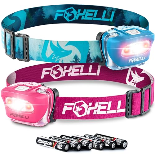 Foxelli LED Headlamp Bundle of 2 - Forest & Pink: Waterproof, White & Red Light, Comfortable Band, 3 AAA Batteries Included