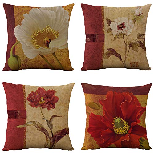 WOMHOPE Set of 4 Vintage Flower Throw Pillow Covers Pillow Cases Cushion Cases Burlap Toss 18 x 18 Inch for Living Room,Couch and Bed (Red Flower (Set of 4))
