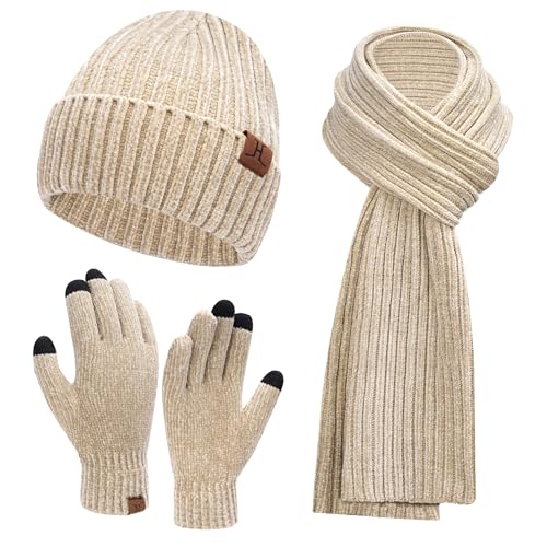 Womens Winter Knit Warm Hat Beanie+Long Scarf+Touch Screen Gloves Set Skull Caps Neck Scarves for Women Men