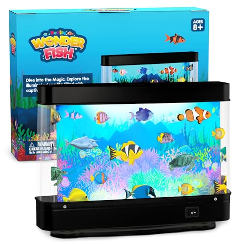 Artificial Fish Tank Virtual Ocean Toy - Mini Office Desk Aquarium, Colorful Aquarium, Motion Lamp Night Light with Moving Fish, Fun Gift for Kids and Adults