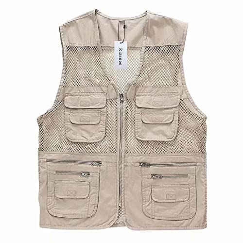 Rizanee Mesh Breathable Fishing Vest, Multi-Pockets Photography Travel Hiking Waistcoat Jacket (Beige, US S - TAG L)
