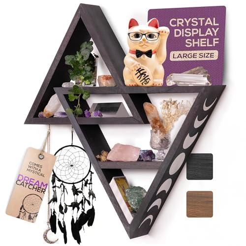 Crystal Display Shelf with Dream Catchers -20.4' Large Crystal Shelf Display, Triangle Shelf Crystal Holder, Moon Shelf, Witchy Room Decor, Gothic Wall Shelves for Rock, Stone, Crystal Storage - Black