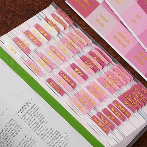 Laminated Bible Tabs, Reposition Large Print Stickers, Easy to Read and Apply Bible Tabs for Women and Man (Gold Foil Pink)