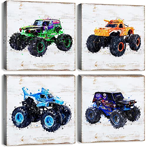 Boys Room Decor Monster Truck Canvas Wall Art Vintage Monster Trucks Wall Decor for Boys Bedroom Car Posters Nursery Kids Wall Art Cartoon Watercolor Vehicle Pictures Toddler Playroom Home Decoration 12×12' 4 Pcs
