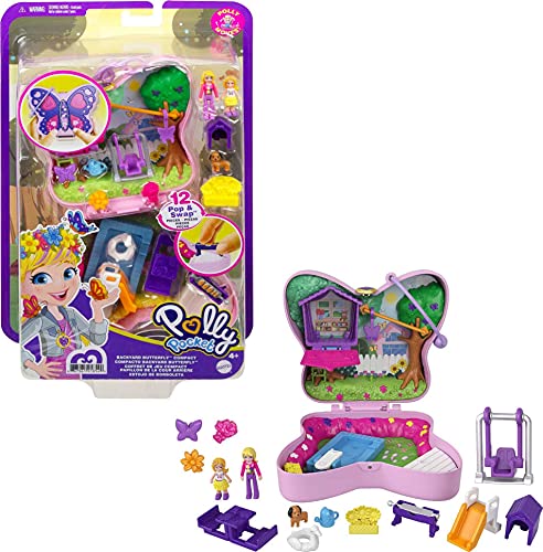 Polly Pocket Backyard Butterfly Compact, Outdoor Theme with Micro Polly Doll, Polly’s Mom Doll 5 Reveals & 12 Accessories, Pop & Swap Feature, for Ages 4 Years Old & Up (Amazon Exclusive)