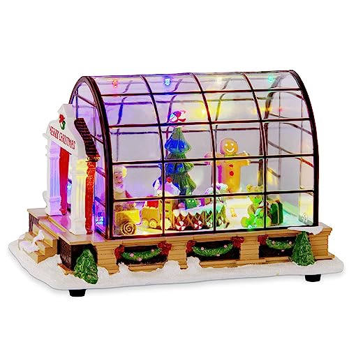 Gingerbread Ballroom House and ChristmasTrain - Animated Christmas Village Greenhouse with Led Light and Music, 8.85 inches