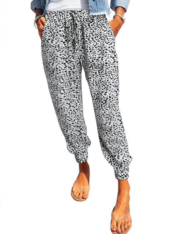 Dokotoo Womens Summer Comfy Casual Loose Breezy Leopard Drawstring Elastic Waist Loose Jogging Jogger Pants Sweatpants for Women with Pockets Large