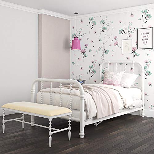 DHP Jenny Lind Kids Metal Bed Frame with Country Chic Headboard and Footboard, Underbed Storage Space for Toys, Twin, White