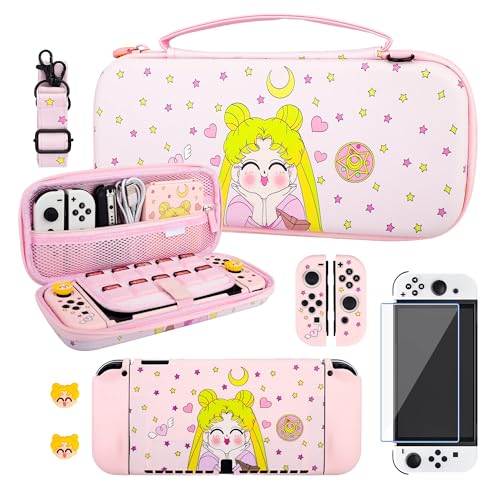 RHOTALL 6 in 1 Girl Carrying Case Set for Nintendo Switch OLED, Cute Accessories Kit for Switch OLED with Protective Case Cover, Screen Protector, Adjustable Shoulder Strap and 2 Thumb Cap