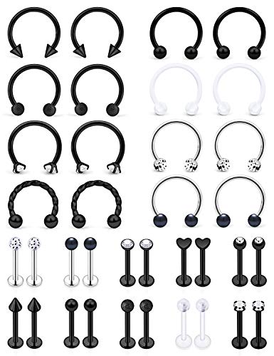 SCERRING 16g Lip Rings Stainless Steel Horseshoe Labret Monroe Nail Tragus Helix Earrings Studs Medusa Piercing Jewelry 8mm 36PCS Black