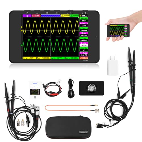 ALIENTEK DS100 Oscilloscope,3.5-inch Handheld Automotive Digital Oscilloscope Kit,250MSa/s High Sampling Rat,50M Bandwidth Dual Channel,Trigger Function Auto/Nomal/Single (DS100-black+P6100+MCX-US)