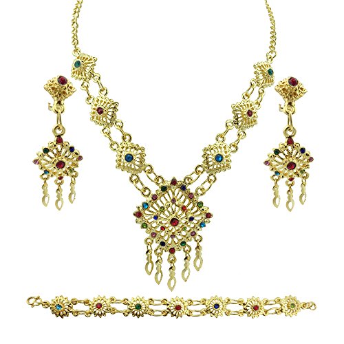 Siwalai Thai Traditional Gold Plated Multicolor Crystals Necklace Earrings Bracelet Jewelry Set 18 Inches