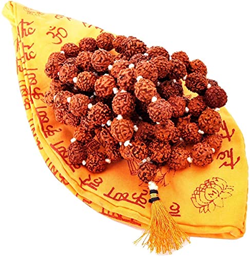 Certified Rudraksha Mala 9mm with Japa Bag Gomukhi - Natural Himalayan Genuine Original Rudraksha Rosary Garland Japa Mala, Religious Tibetan Rudraksha Mala Necklace Bracelet Yoga Meditation Bead 9MM