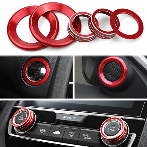 Kujunpao for Honda Civic Accessories Auto Sync Climate Menu Knob Control Button Trim Cover Engine Push to Start Stop Button Cover Audio Speaker Sticker Decor Fit for Honda Civic 2016-2021 5pcs(Red)