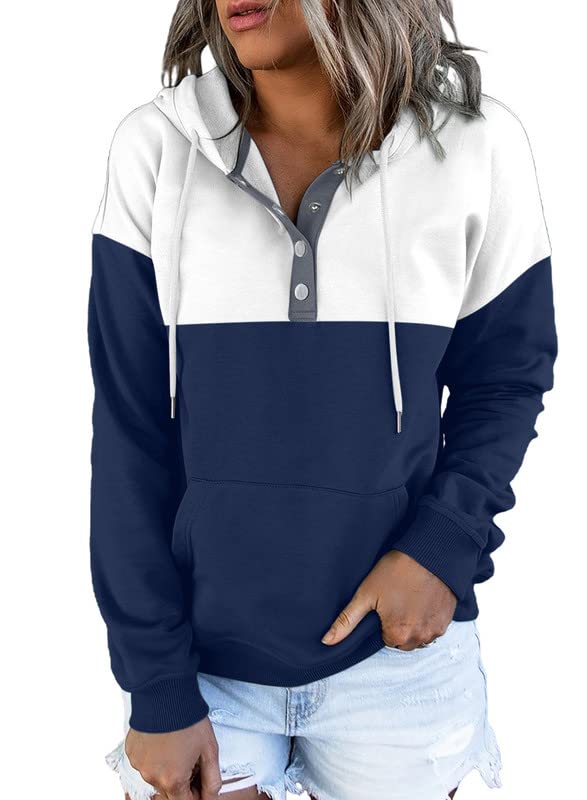 Dokotoo Womens Sweatshirt Ladies Fall Tops Fashion Hoodies Sweatshirts for Women Long Sleeve Hooded Pullover with Pockets Button Collar Fleece Casual Color Block Winter Shirts Tops Blue White XL