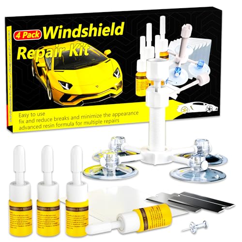 Windshield Repair Kit, Glass Repair Fluid 4 Pcs Windshield Crack Repair Kit with Pressure Syringes, Glass Repair Fluid Quick Fix for Chips, Cracks, Star-Shaped Crack