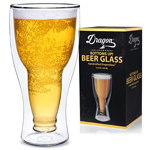 Dragon Glassware Beer Glass, Clear Double Wall Insulated Pub Mug, Upside Down Design, Holds One Full Beer Bottle, Freezable Glass for Beer Lovers, 13.5 oz Capacity, 1 Glass