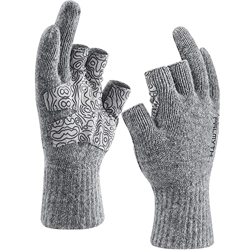 Palmyth Wool Fishing Gloves 3-Cut Fingers Warm for Men and Women Cold Weather Fingerless Gloves for Winter Fly Fishing, Ice Fishing, Photography and Hunting (Gray, L/XL)
