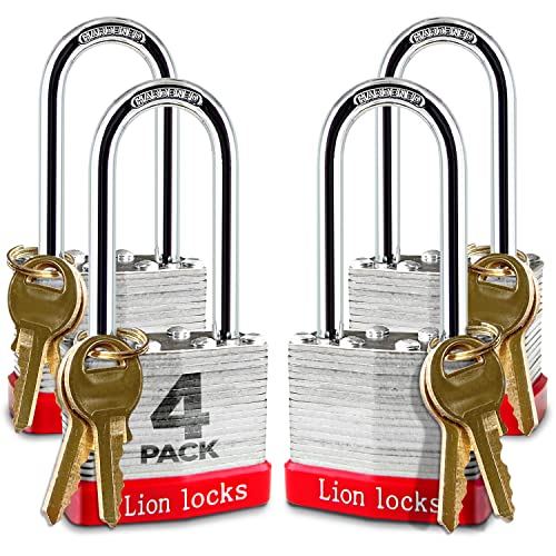 Lion Locks 4 Keyed-Alike Padlocks w/ 2” Long Shackle, 8 Keys, Hardened Steel Pad Lock, Pick Resistant Brass Pin Cylinder (Pack of 4)