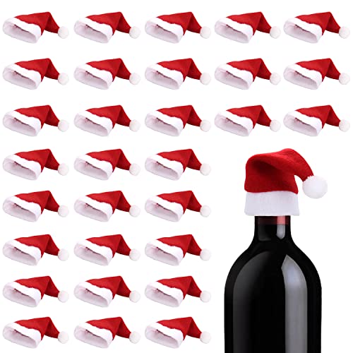 ONEYIM 30PCS Mini Santa Hats Wine Bottles Cover Silverware Holder Home Christmas Decor
