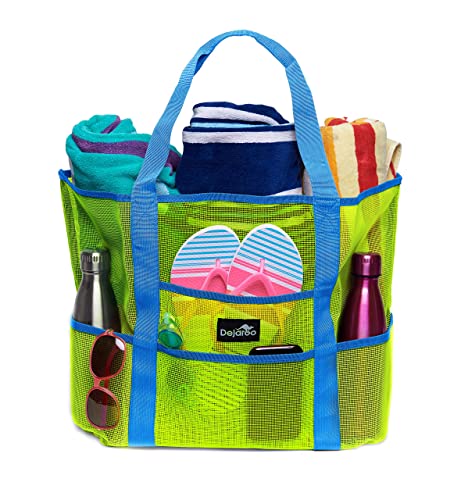 Dejaroo - Sand Free Mesh Bag - Strong Lightweight Tote For Beach & Vacation Essentials. Tons of Storage with 8 Pockets, Foldable, 17x9x15 inches, Green with Aqua Straps