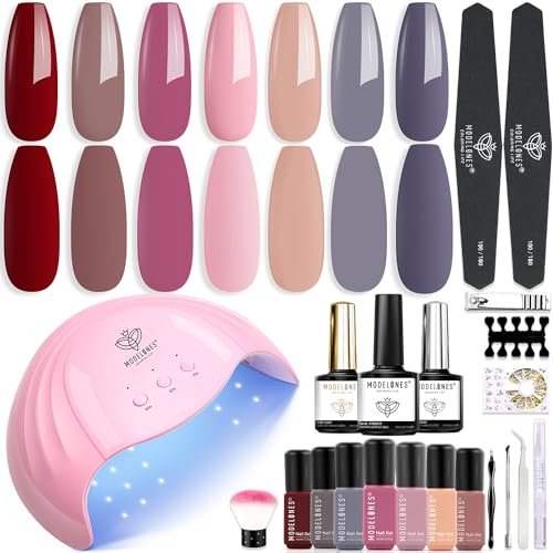 Modelones Gel Nail Polish Kit with U V Light 48W Nail Dryer 7 Nude Colors Gel Nail Polish Set, Base Top Coat, Nail Primer & Decorations Gel Nail Kit Manicure DIY Nail Art Salon Home Gift For Women