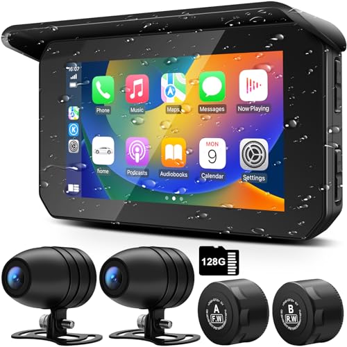LBW Professional Motorcycle Dash Cam, Wireless Apple Carplay, Android Auto, TPMS, Front & Rear HD 1080P Camera (IMX307 Chip), Motorcycle DVR, G-Sensor, 5' IPS Touch Screen, Bluetooth, Support Siri