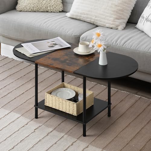 Shinoske Coffee Tables for Living Room,2-Tier Small Oval Center Table Industrial Modern Style Coffee Tables with Storage Shelf and Wood Tabletop for Small Space,Home Office,Brown & Black