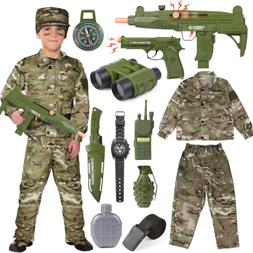 Tacobear Army Soldier Military Costume for Kids Boys Ages 3-9 Halloween Dress Up Role Play Set with Toy Accessories