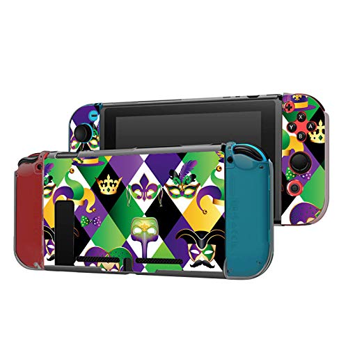 Dockable Case Compatible with Switch Console and Joy-Con Controller, Patterned ( ?Golden Carnival Masks on Geometric Festive Border ) Protective Case Cover with Tempered Glass Screen