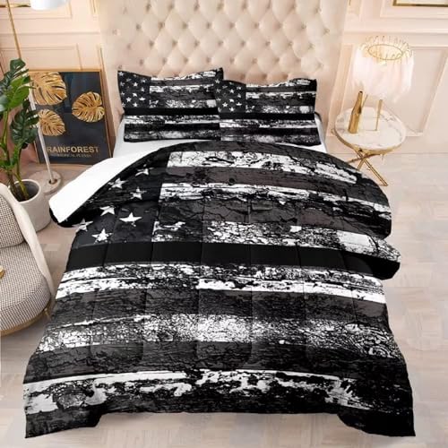 Black and White USA American Flag Comforter Set Queen Size for Boys Kids Teens Dirty US Stars Stripes Flags Bedding Quilt 1 Comforter + 2 Pillow Cases