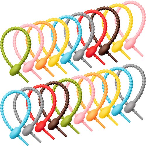 Boao 20 Pieces Colorful Silicone Ties Bag Clip, Cable Straps, Bread Tie, Reusable Rubber Twist Tie, All-Purpose Silicone Ties, Cable Ties, Silicone Cord, Household Snake Ties, Bag Sealing Clips
