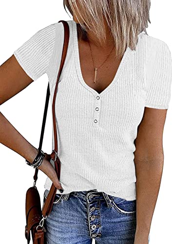 lime flare Women Summer Ribbed Knit T Shirt Tee Tops Casual Dressy Rib Tshirt Tunic (F# White Short SleeveSmall)