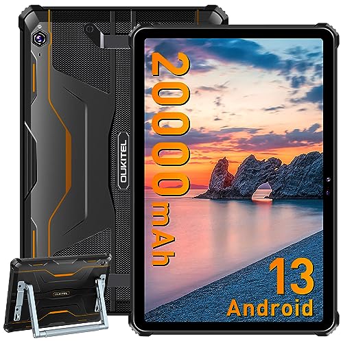OUKITEL RT6 Rugged Tablet Android 13,20000mAh Long Lasting Battery,14GB+256GB (1TB Expandable),10.1”FHD+ Screen,16MP+16MP Camera Outdoor Tablet PC with Detachable Stand,4G Dual SIM/5G WiFi(Orange)