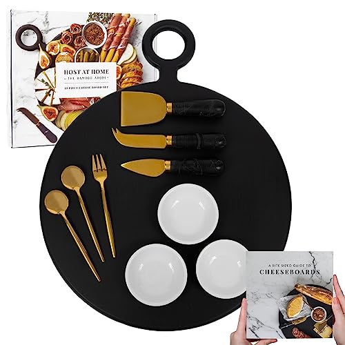 The Bamboo Abode 10 Piece Cheese and Charcuterie Board Set, Black - Unique Christmas Gifts for Women, House Warming Gifts New Home
