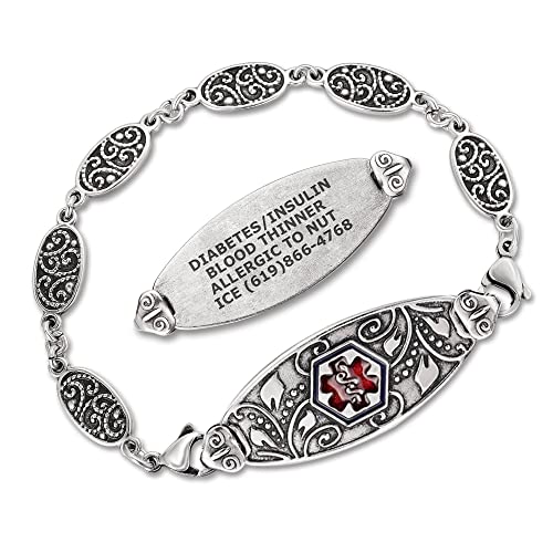 Divoti Custom Engraved Medical Alert Bracelets for Women, Stainless Steel Medical Bracelet, Medical ID Bracelet w/Antique Silver Plating – Heritage Silver – Lovely Filigree/TP Red-7.0'
