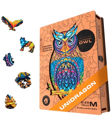 UNIDRAGON Wooden Jigsaw Puzzles - Charming Owl, 186 pcs, Medium 8.3'x13.8', Beautiful Gift Package, Unique Shape Best Gift for Adults and Kids